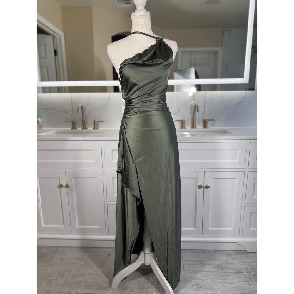 One Shoulder Maxi Dress Womens Olive Green Draped Satin Ruched Formal Gown Large